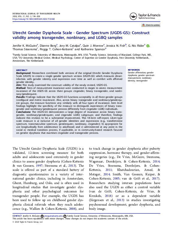 Gender Euphoria Scale: A Potential Tool For Improving Transgender Wellbeing Gender Euphoria Scale: A Potential Tool For Improving Transgender Wellbeing